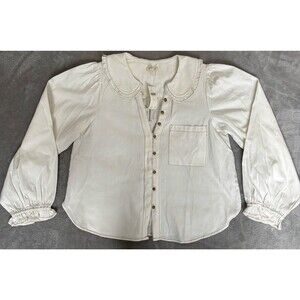 Pilcro Anthropologie White Denim Blouse Womens M Button Front Puff Sleeve NWT